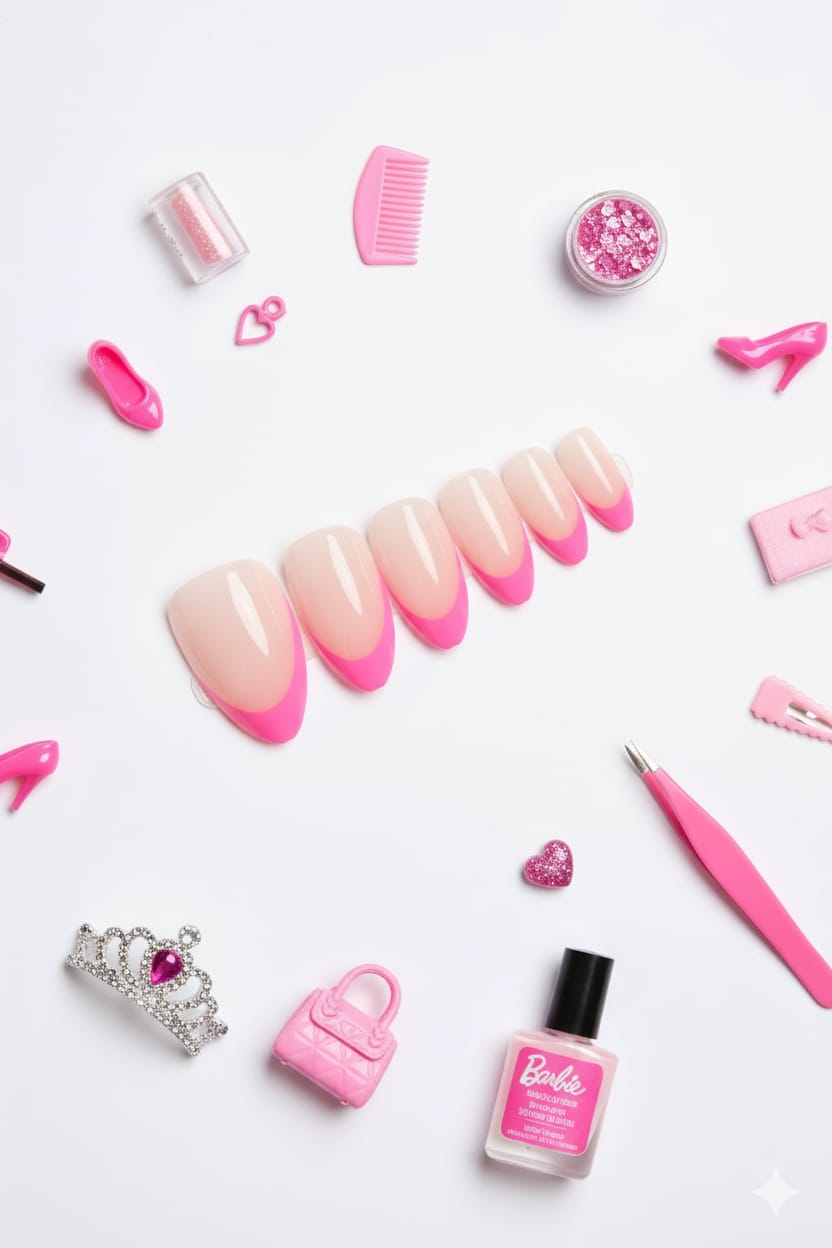 Pink French Tip Press-On Nails – Nude Base with Vibrant Tips