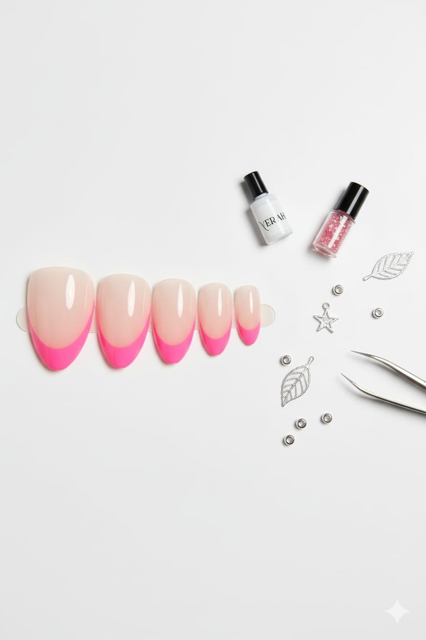 Pink French Tip Press-On Nails – Nude Base with Vibrant Tips