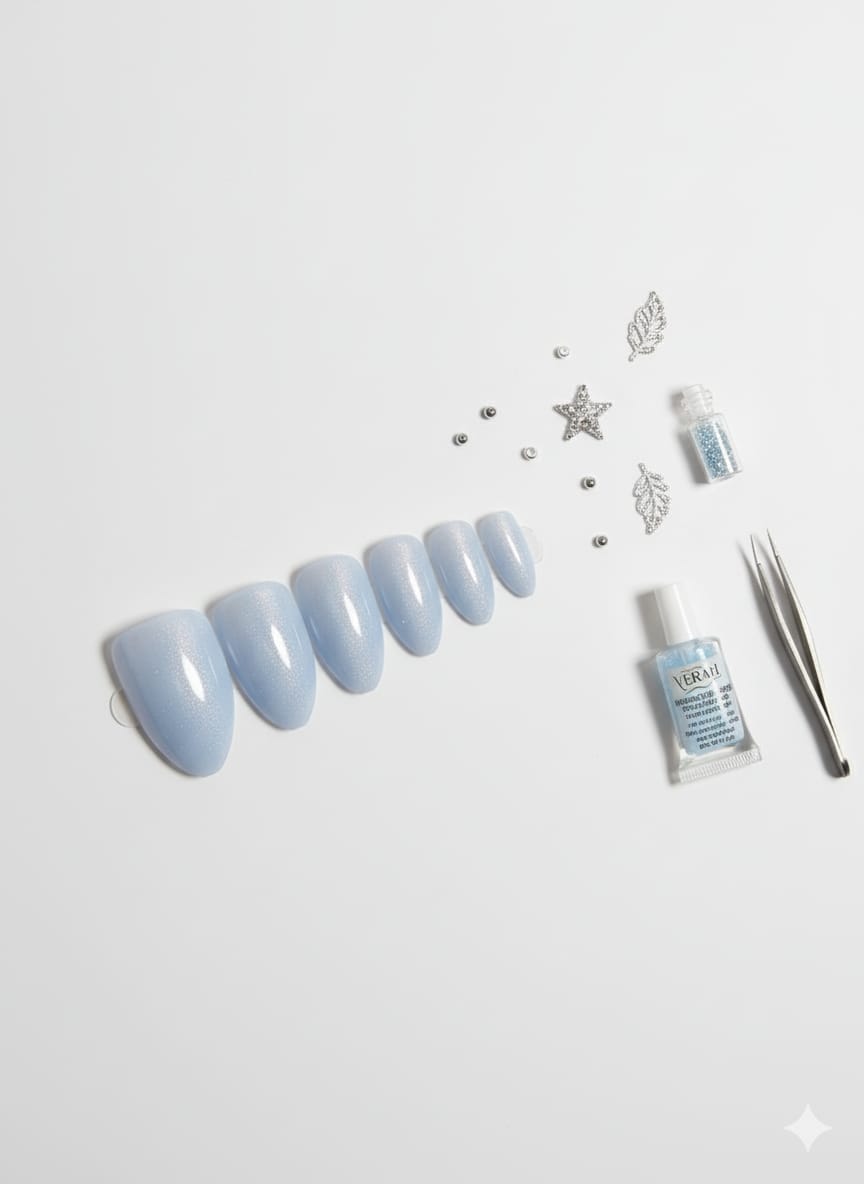 Icy Blue Shimmer Press-On Nails – High Quality Glossy Finish.