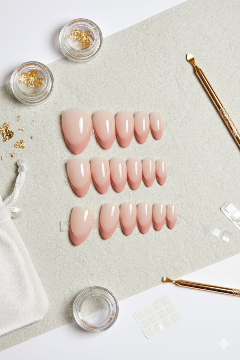 Luxury Almond French Tip Press-On Nails – 12PCS Blush Pink Reusable Set