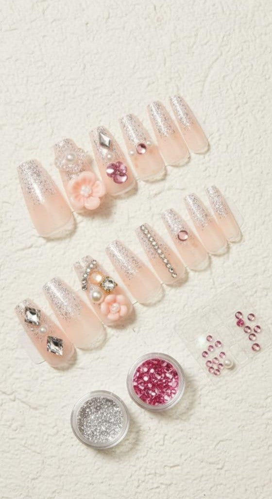 Luxury Pink Glitter 3D Designer Artificial Nails – Premium Nail Art Set